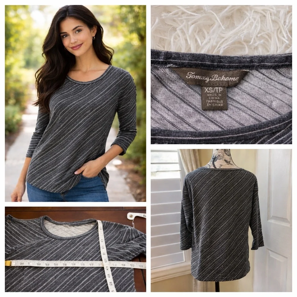 Tommy Bahama Striped 3/4 Sleeve Top XS Gray Black Casual Soft Stretch Tee - Picture 2 of 8